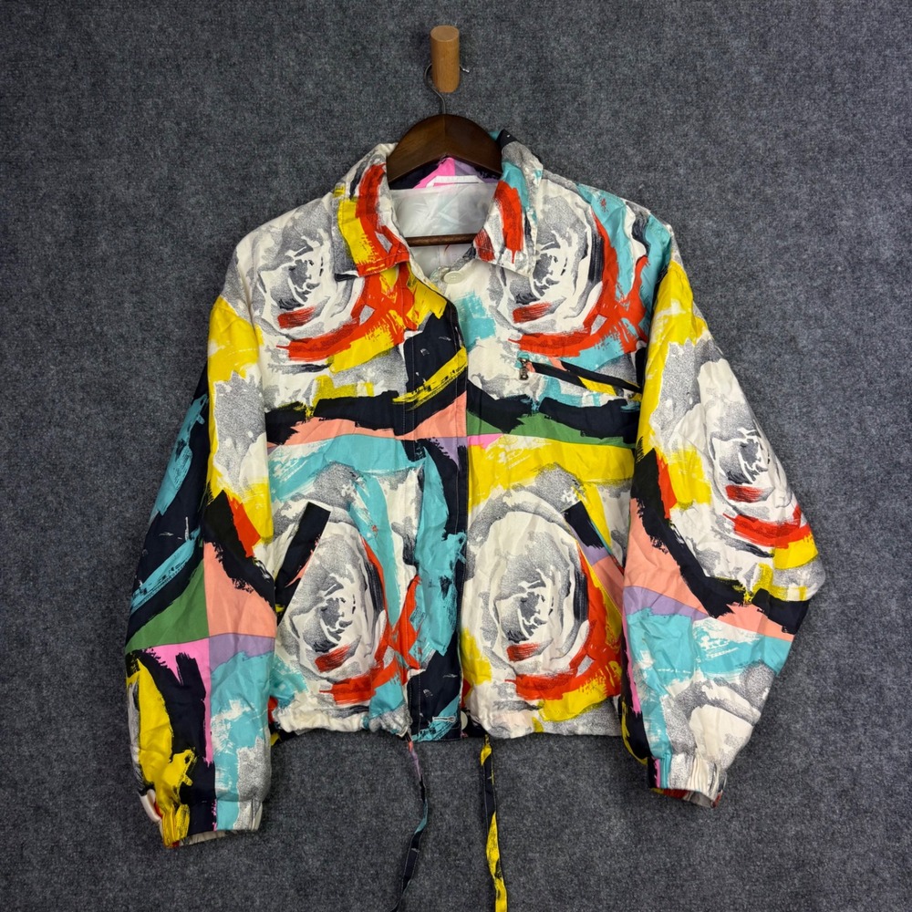 Bogner Jacket Womens L Multi Color Abstract Floral Vintage Zip Windbreaker 0121